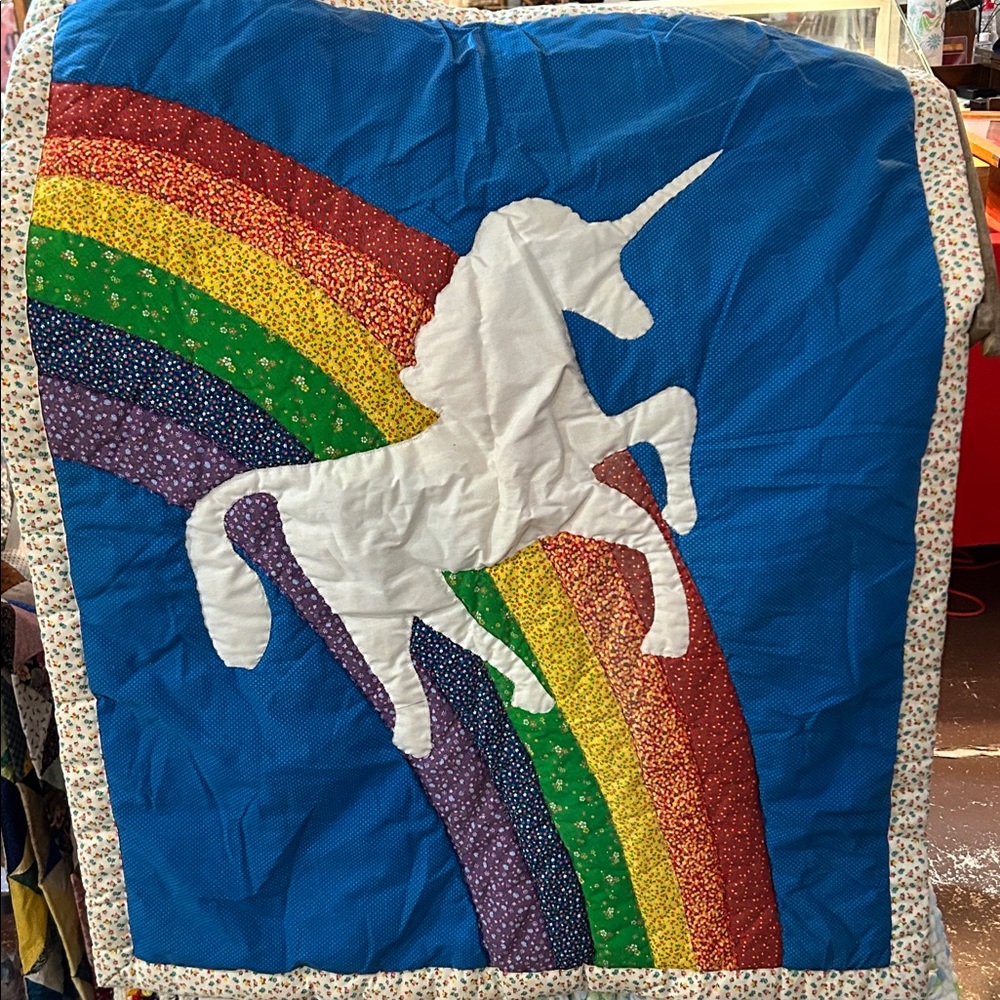 Hand Made Unicorn & Rainbow Quilted Wall Hanging 60s Fabric OOAK